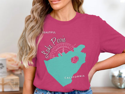 Pink t-shirt with "Lake Perris California" and a teal map outline.