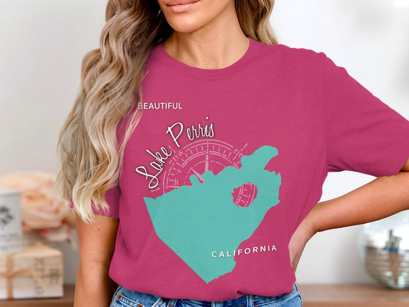 Pink t-shirt with "Lake Perris California" and a teal map outline.