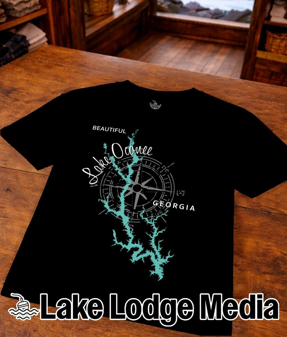 Black t-shirt with "Beautiful Lake Oconee Georgia" and compass graphic.