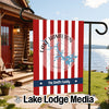 Garden flag with red and white stripes, Lake Hamilton map, and "The Smith Family" text.