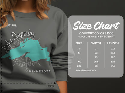 Size chart for Comfort Colors 1566 adult crewneck sweatshirt.