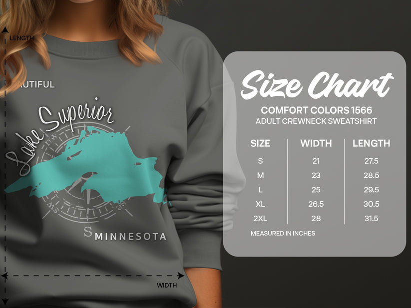 Size chart for Comfort Colors 1566 adult crewneck sweatshirt.