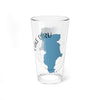 Glass with blue Lake Piru map graphic and California text.