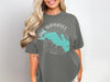 Gray t-shirt with turquoise Lake Wawasee Indiana map and compass design.