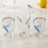 Three clear glasses feature "New Melones Lake California" and a lake map graphic.