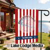 Garden flag with red and white stripes, Rough River Lake map, and "The Smith Family".