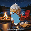Glass with ice cream and "Lake George" map overlay next to s'mores supplies and campfire.