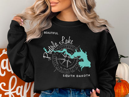 Black sweatshirt with "Beautiful Potato Lake South Dakota" map and compass design.