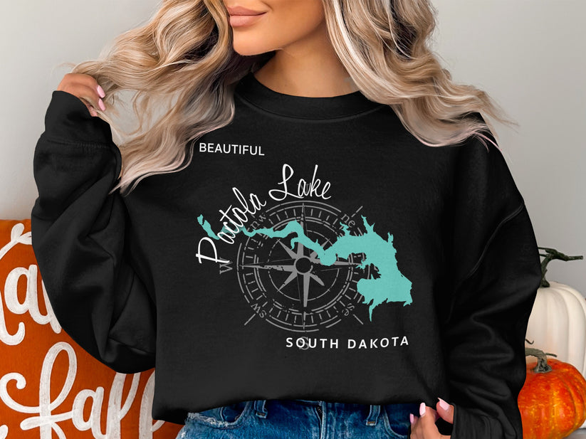 Black sweatshirt with "Beautiful Potato Lake South Dakota" map and compass design.