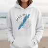 White hoodie with a Green Bay Wisconsin map and compass graphic.
