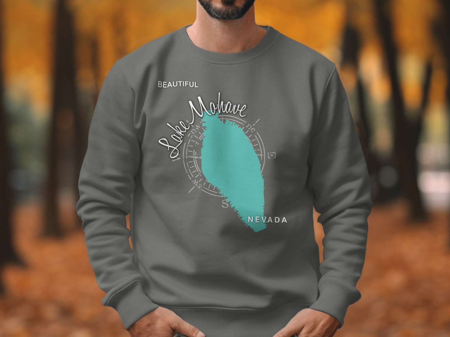 Grey sweatshirt with "Beautiful Lake Mohave Nevada" text and compass.