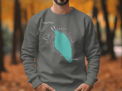 Grey sweatshirt with "Beautiful Lake Mohave Nevada" text and compass.