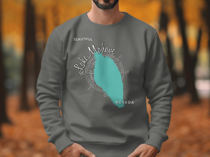 Grey sweatshirt with "Beautiful Lake Mohave Nevada" text and compass.