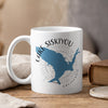White mug with "Lake Siskiyou California" map design and steam.