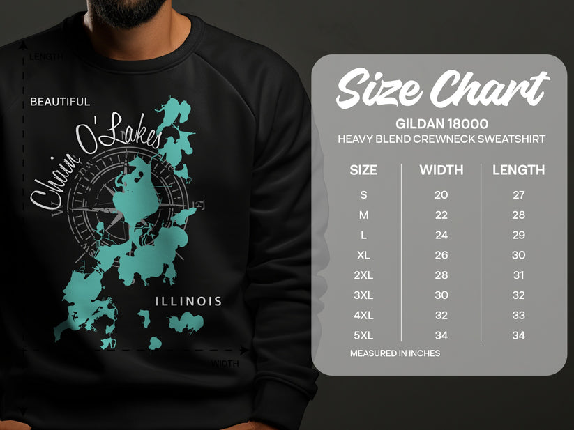 Black sweatshirt with Chain O'Lakes Illinois map and Gildan 18000 size chart.