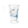 Clear glass pint glass with blue and gray lake outline map and compass design.