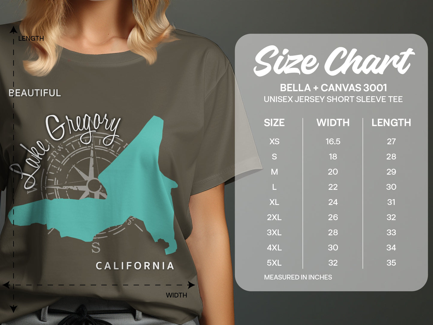 T-shirt size chart for Bella + Canvas 3001 unisex tees.