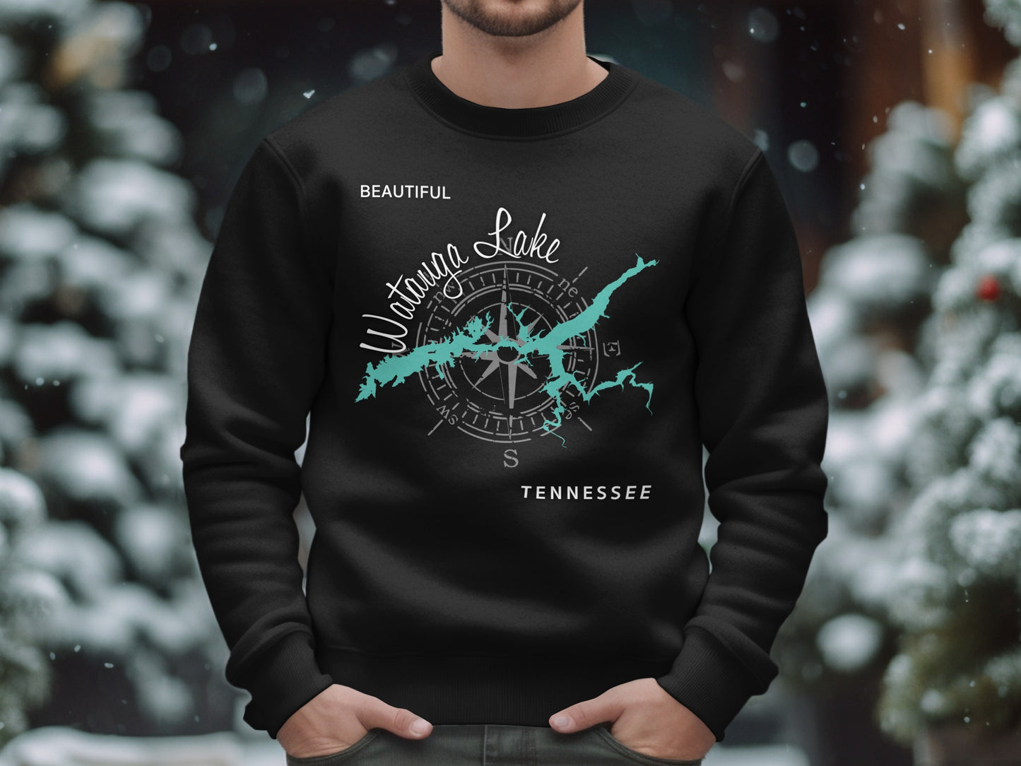 Black crewneck sweatshirt with a blue compass rose and "Watauga Lake Tennessee" map design.