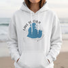 White hoodie with a blue graphic of Lake St. Clair, Michigan, and compass details.