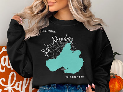 Black sweatshirt with "Beautiful Lake Mendota Wisconsin" text and map outline.