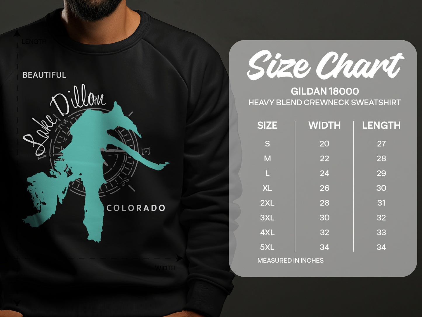 Gildan 18000 sweatshirt size chart with Lake Dillon design.