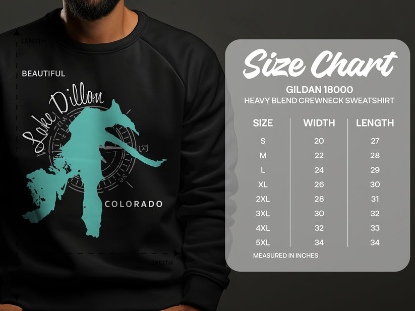 Gildan 18000 sweatshirt size chart with Lake Dillon design.