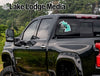 Teal Michigan-shaped sticker with "Lawtonka Life" text on a black truck.