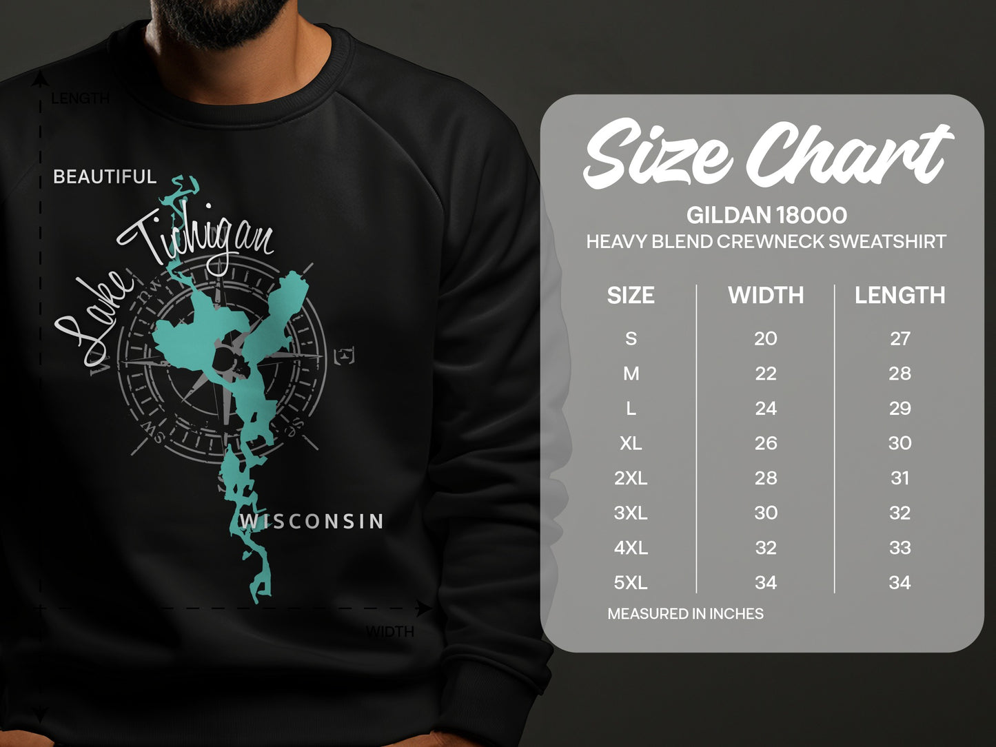 Lake Michigan sweatshirt size chart with chest and length measurements.