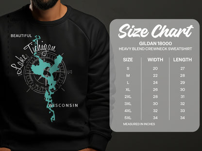 Lake Michigan sweatshirt size chart with chest and length measurements.