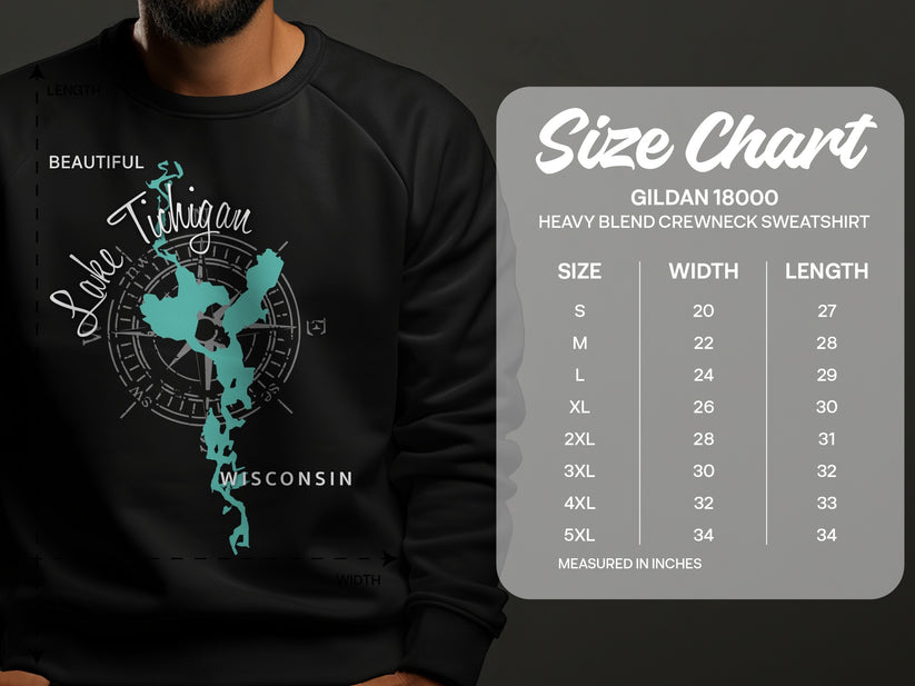 Lake Michigan sweatshirt size chart with chest and length measurements.