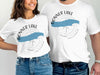White t-shirts featuring a "Donner Lake California" map graphic with a compass rose.