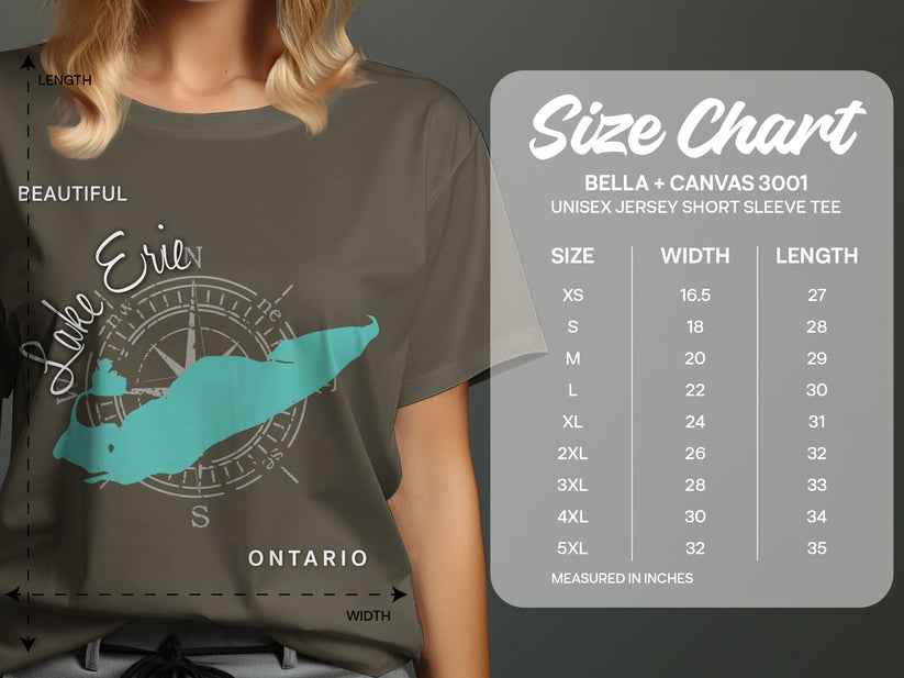 Bella + Canvas 3001 size chart for unisex short sleeve tee, measured in inches.