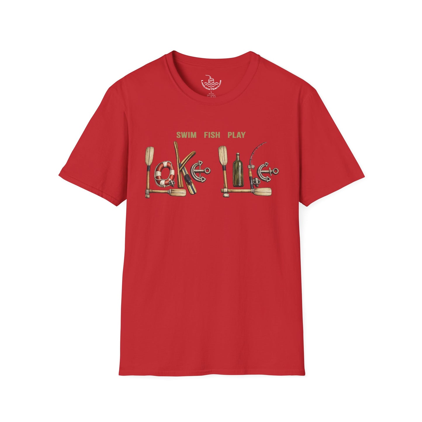 Lake Life T-Shirt | Boat Oars Life Preserver Anchor Letters Rustic Design | Fishing Water Skiing Gift Tee