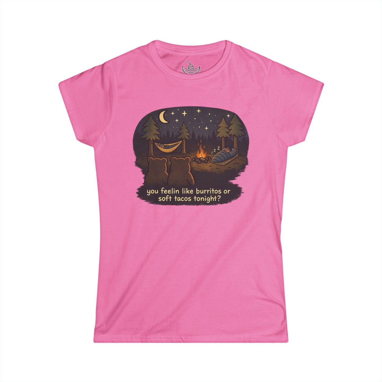 Campfire Bears Humor Women's Cut Shirt, People in Sleeping Bags are Bear Burritos and Tacos Joke, Hiking Smores Bonfire Shirt