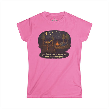 Campfire Bears Humor Women's Cut Shirt, People in Sleeping Bags are Bear Burritos and Tacos Joke, Hiking Smores Bonfire Shirt