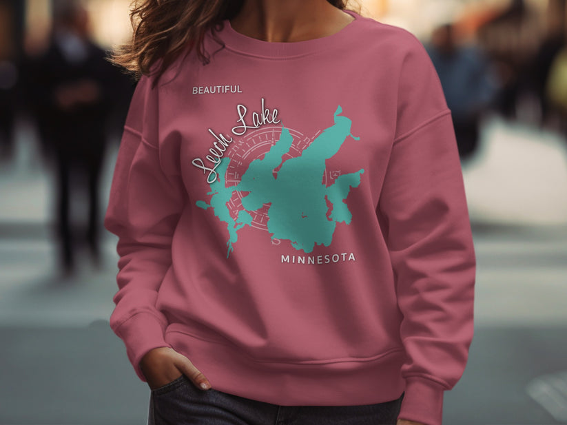 Pink sweatshirt with Lake Mille Lacs, Minnesota map design.