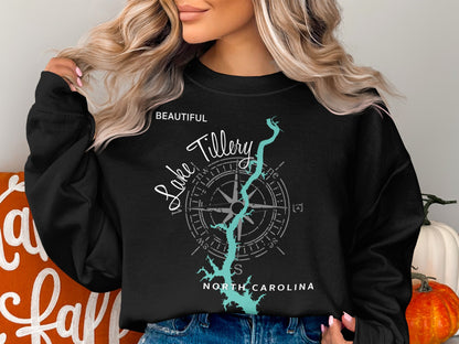 Black sweatshirt with "Beautiful Lake Tillery North Carolina" and compass graphic.