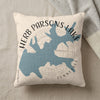 Cream pillow with blue map design reading "Herb Parsons Lake Tennessee".