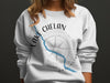 White sweatshirt with Lake Chelan Washington map and compass graphic.