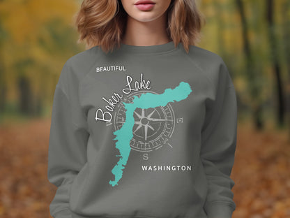 Gray sweatshirt with "Baker Lake Washington" and compass rose design.