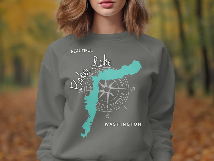 Gray sweatshirt with "Baker Lake Washington" and compass rose design.