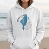 White hoodie with Alta Lake Washington map and compass design on front.