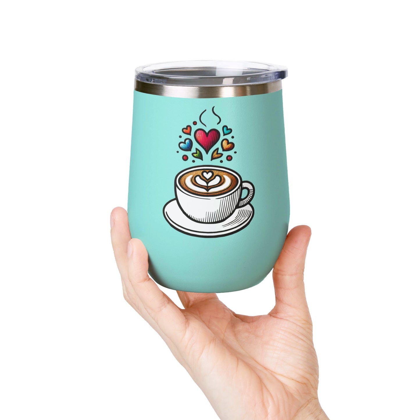 Charming Coffee Wine Tumbler with Lid for Coloring Book Lovers, Heart and Latte Design, Stainless Steel