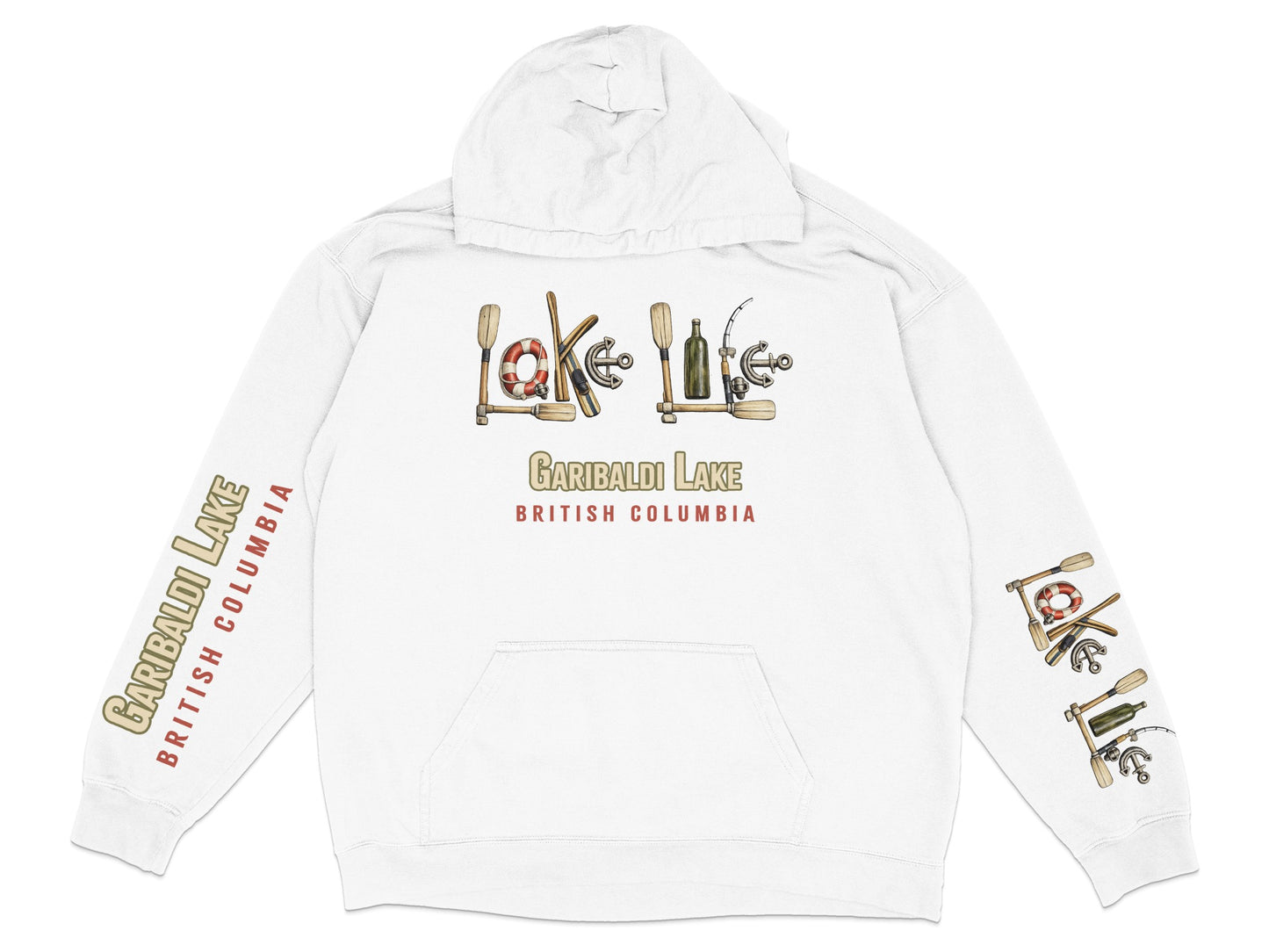 Garibaldi Lake British Columbia hoodie with lake and paddle graphic.