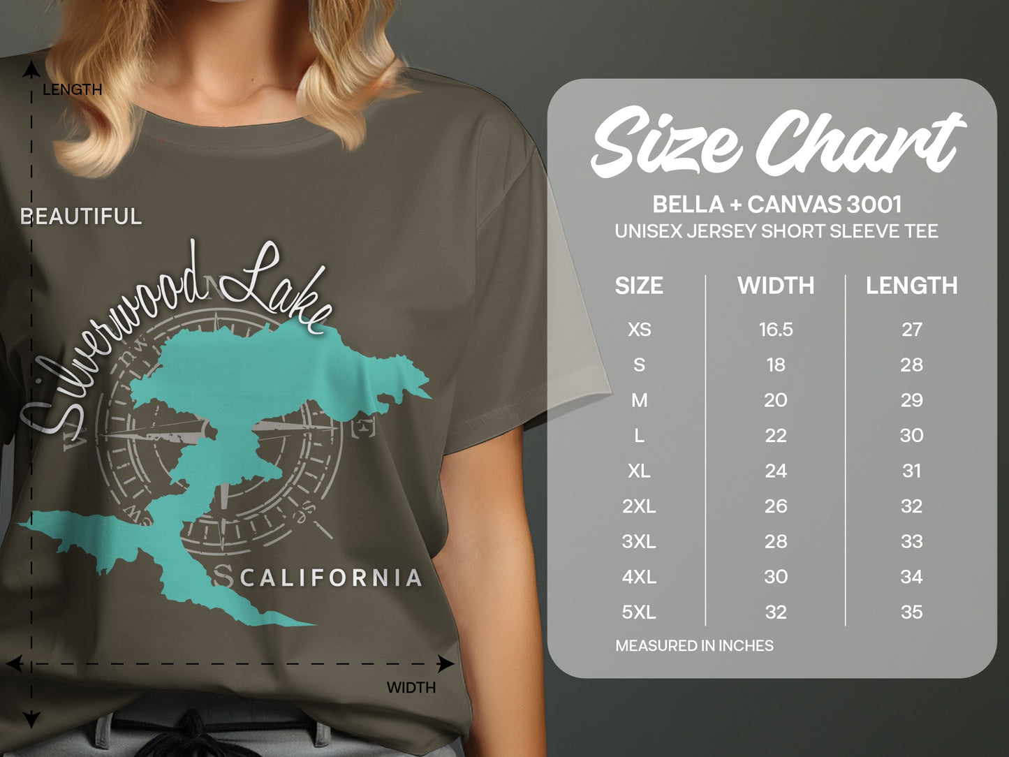 T-shirt with Silverwood Lake map and size chart details.