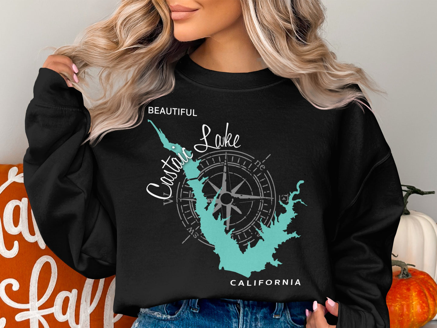 Black sweatshirt with "Beautiful Castaic Lake California" map and compass design.