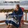 Navy blue blanket with winter fishing and Christmas tree scene.