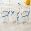 Three clear glasses featuring "Lake Ullswater England" and a blue lake outline map.