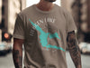 Hebgen Lake Montana map graphic on a taupe t-shirt with compass design.