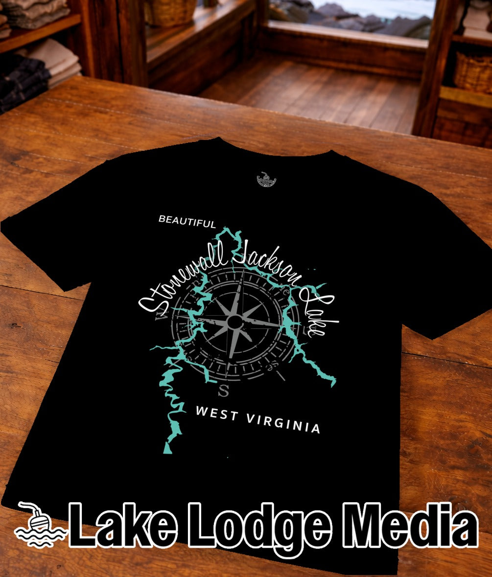 Black t-shirt with Stonewall Jackson Lake, West Virginia map and compass.